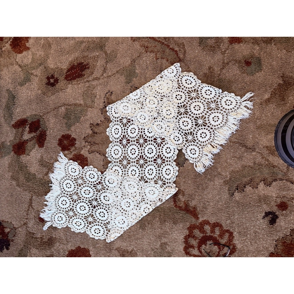 VTG Cream Cotton Handmade Fine Crochet Lace Fringe Table Runner 23x49"‎